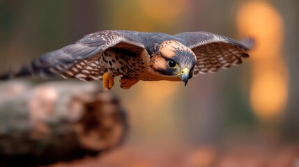 Fototapete - Close up shot of an isolated brown falcon flying in blurred forest. The bird has black and white feathered wings and yellow feet and eyes. The background is an unfocused lush woodland with brown and