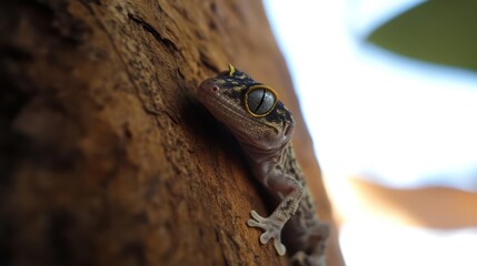 Poster - A close-up showcases a small, speckled gecko clinging to rough, textured tree bark, its big, bright eyes and tiny feet visible under diffused natural light with the background softly blurred