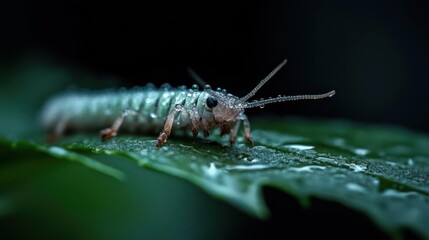 Poster - Close-up macro shot of a light green caterpillar on a green leaf, adorned with water droplets. The insect's detailed features and the wet leaf texture are highlighted against a blurred, dark