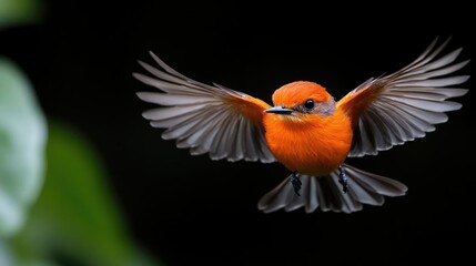 Poster - Vibrant orange bird in flight against a dark background, wings spread wide. Green foliage visible on the left. Bird's plumage is detailed, with visible texture on its head. Captures the moment of