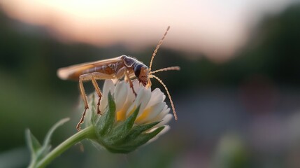 Poster - Close up shot of a brown insect perched on a white flower, backlit by a sunset. The image captures the intricate details of the insect and the delicate petals of the flower against a soft, blurred