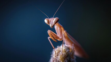 Poster - Close up of a praying mantis perched on a plant. The mantis is light brown with intricate details on its body and legs. The background is a smooth, dark blue, creating a high contrast that highlights