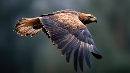 Fototapete - A striking close up shot captures a majestic brown and white eagle in mid flight, its wings spread wide against a softly blurred green background, creating a sense of freedom and power