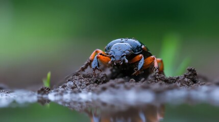 Poster - A ground level close up of a black and orange beetle on a small mound of dirt near a puddle, with a soft focus green background. The scene is well-lit, highlighting the textures of the beetle and its