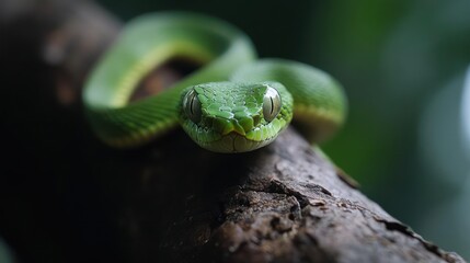 Poster - Close up shot of a vibrant green snake coiled on a branch with blurred green leaves in background. Snake scales detailed and eyes are in focus. The branch has rough texture with patterns in brown