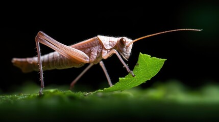 Poster - Macro shot of a brown grasshopper perched on a vibrant green leaf, set against a dark background. The grasshopper is captured in profile, showcasing its intricate textures and delicate features. The
