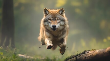 Poster - A lone wolf leaps over a fallen log in a forest setting. The wolf, captured mid-jump, exhibits a focused gaze and dynamic motion, accentuated by sunlit forest backdrop. The image conveys a sense of
