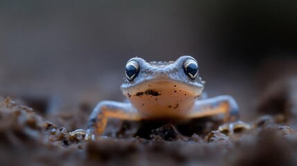 Poster - Close up of a small orange frog with black eyes on a dirt surface. The frog is facing the camera with blurred background, focus is on the frog's eyes. The lighting is soft and natural