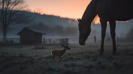 Aufkleber - Misty morning scene with a horse and a small deer in a grassy field. Silhouette of trees and a small building in the background with an orange glow sky creating a serene and peaceful atmosphere