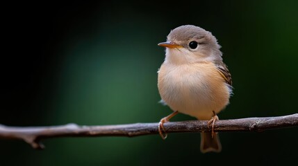 Poster - Close-up of a small, fluffy bird perched on a twig with a dark green blurred background. The bird features a light brown plumage, tiny beak, and round body in focus