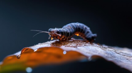 Poster - Close up studio shot of a dark caterpillar covered in water droplets crawling on a brown leaf against a dark gray background. The caterpillar appears wet and shiny, with a blurry backdrop