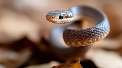 Poster - Close-up shot of a Smooth Earth Snake resting on dried leaves. The snake is brown and gray, with a smooth, scaled body coiled and ready to strike. It is a shallow depth of field, bringing focus to