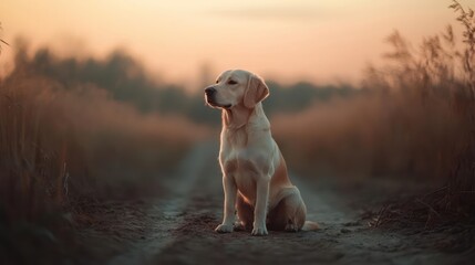 Aufkleber - A golden retriever sits attentively on a dirt path, bathed in the warm glow of a sunset. The path leads into a blurred background of golden grass and trees. The scene evokes a tranquil, rural