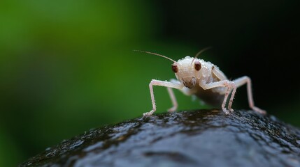 Poster - Macro shot of a light brown grasshopper perched on a dark, glossy surface with a blurred green background. The focus is on the insect's textured body and prominent eyes, highlighting its delicate