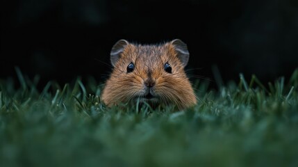 Poster - Close up, eye level shot of a reddish brown vole in focus emerging from green grass with a black background, the rodent's face is the focal point with visible whiskers