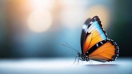 Poster - Macro photograph of an orange monarch butterfly with a turquoise trim on a white surface. Soft blurred lighting and bokeh effects in background, creating a dreamy and ethereal atmosphere