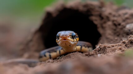 Poster - Eye-level shot of a small snake with brown and yellow stripes emerging from a hole in the dirt, focusing on its head with a blurred green background
