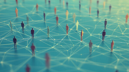 Poster - Colorful 3D people icons interconnected by lines on teal background. Social media connections shown. Modern tech concept. Network effect highlighted. Collaboration, team work exemplified