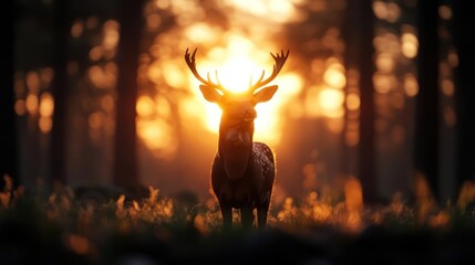 Aufkleber - A majestic deer stands tall amidst a forest bathed in the warm glow of sunset, its silhouette framed against the golden light, creating a serene and picturesque scene