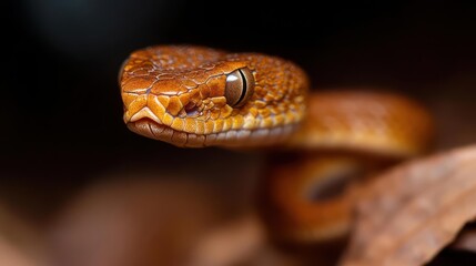 Poster - A close-up shot captures the intricate details of a brown snake, its amber eyes and textured scales highlighted against a blurred backdrop of leaves. The composition draws attention to the snake's