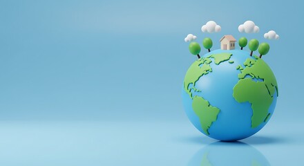 earth with house and trees concept on blue background