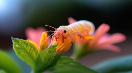Poster - Macro shot of a small, round, orange insect covered in tiny droplets perched on a yellow and orange flower bud with green leaves, set against a blurred background, captures nature's intricate details