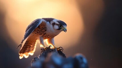Poster - Majestic falcon perched atop a rock formation bathed in warm sunlight, feathers detailed in black, white, and brown, sharp yellow beak, intense gaze, against a blurred background, illuminated by a