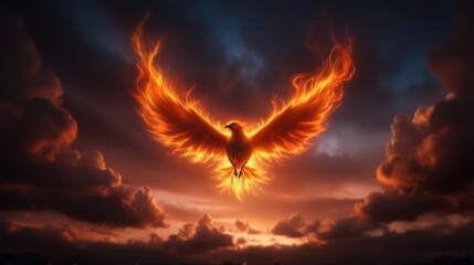 Poster - A fiery bird soars against a dramatic sky filled with dark clouds, bathed in the warm glow of the setting sun. The mystical bird's wings are spread wide, creating a mesmerizing fiery spectacle