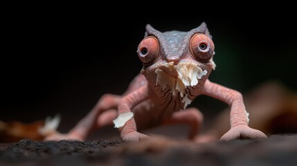 Poster - Close-up shot of a chameleon shedding its skin, revealing the fresh layer underneath. The animal is positioned against a dark background that accentuates its unique texture and vibrant colors