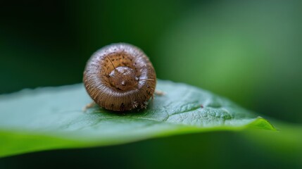 Poster - A close-up captures a small snail with a brown shell resting on a vibrant green leaf. The background is blurred, emphasizing the texture and detail of the snail and leaf in soft, natural light