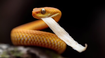 Poster - A vibrant close-up captures an orange eyelash viper coiled on a tree branch, illuminated by soft light against a dark background. The snake is in focus, showcasing its intricate scale pattern and