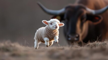 Aufkleber - A fluffy lamb in motion, seemingly jumping, is centered against a blurred background of a dark brown bull with prominent horns. The soft light of dawn or dusk illuminates the scene, casting a warm