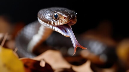 Poster - Close up of a brown and white snake with its tongue sticking out surrounded by fall leaves against dark background. The snake is in focus with sharp details, showcasing its scales and eyes