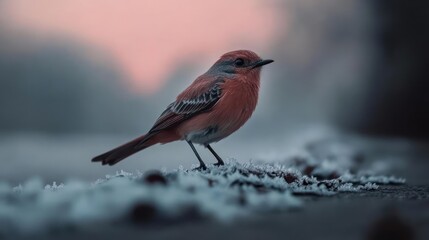 Poster - A vibrant orange bird perched on a frost-covered surface under a soft, pastel sky. The bird's detailed plumage contrasts with the stark white frost, creating a captivating nature scene with muted
