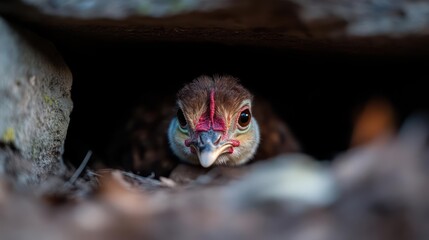 Poster - Captured in soft lighting, a brown scaled bird with a red and blue face peeks out from a dark space between stones and leaves. Focus is sharp on its face with a blurred background