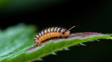 Poster - Close up of a small, orange and black striped larva on a green leaf. The larva features spiky hairs and is brightly lit against a dark, blurred background. The leaf has some red tinted edges