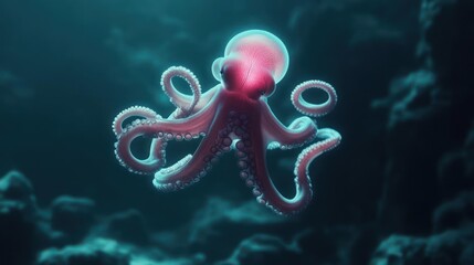 Poster - A captivating close-up of a red octopus, beautifully illuminated against a dark teal background, reveals intricate details of its tentacles. The scene highlights the octopus's natural habitat, with