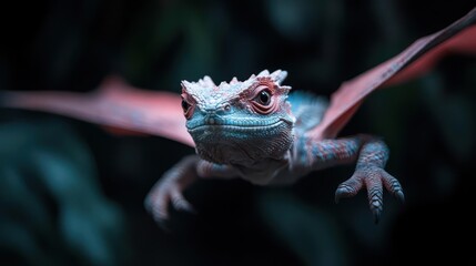 Aufkleber - Macro shot of a flying gecko lizard with a distinctive spiked crest, vibrant red and blue skin, showcasing its unique wings outstretched against a blurred background. Details capture intricate scale