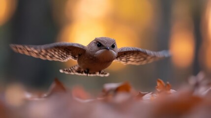 Aufkleber - Captivating close-up of a brown bird with speckled feathers in mid-flight, wings fully extended, against a blurred backdrop of warm, golden light and soft autumn hues, with scattered fallen leaves