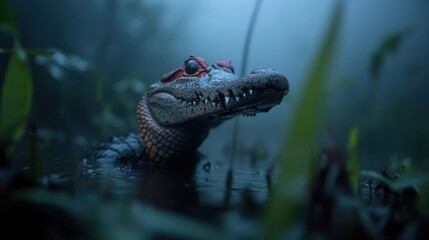 Aufkleber - Close-up of a smooth-fronted caiman in a murky puddle, surrounded by lush green vegetation and enveloped in a dense fog, creating an eerie atmosphere. The caiman's rough texture is emphasized by the