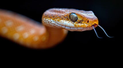 Poster - Close-up shot of an orange snake with white spots, tongue extended, against a stark black background. Focus is sharp on the snake's head and eye, creating an intense, isolated wildlife image