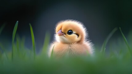 Poster - Close-up of a fluffy light brown chick peeking through vibrant green grass. Focused with a shallow depth of field, the background is blurred, highlighting the chick's soft texture and gentle