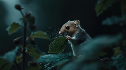 Poster - A detailed, close-up shot of a light brown and gray harvest mouse nestled among dark green foliage, holding a dewy leaf. The dark, moody lighting enhances the mouse's delicate features and the