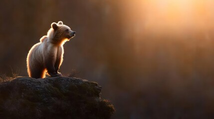 Aufkleber - A small brown bear cub perched atop a mossy rock, bathed in the warm glow of sunset or sunrise with sunlight streams through the blurred dark forest background, creating a tranquil and wild scene