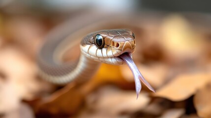 Poster - A close-up shot showcases a brown snake with its tongue extended, set against a soft backdrop of blurred brown leaves. The snake's eye is in focus, capturing the details of its scale patterns
