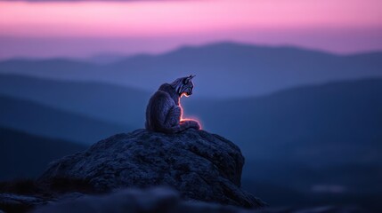 Aufkleber - A lynx sits atop a rock outcropping as it basks in the glowing warm light of the sunset. The blurred mountain range in the horizon contrasts with the lynx's glowing fur