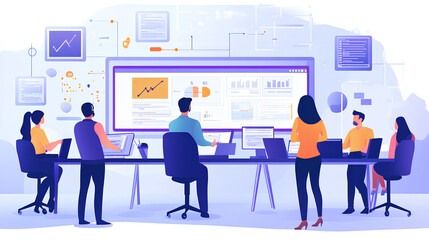 Poster - Cybersecurity team monitoring security operations center. System administrators work with network security, data protection, perform threat detection, incident response, vulnerability management 