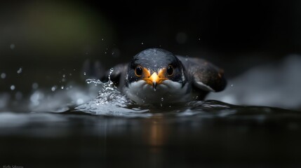 Poster - Close-up shot of a small bird with orange beak and speckled feathers splashing in the dark water. The bird faces the camera with intense focus, creating dynamic splash against blurred dark green
