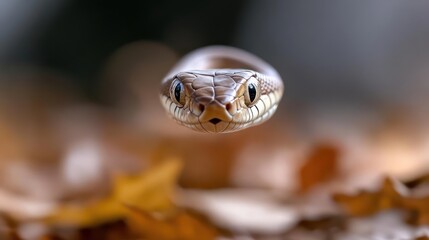 Poster - A detailed close-up shot captures a snake's head with its piercing eyes in focus, set against a soft bokeh background of muted foliage and ground. The lighting emphasizes the reptile's textured skin