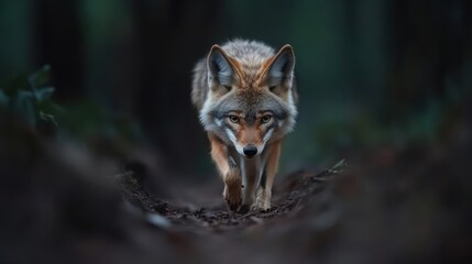 Poster - A coyote is walking on a path in a forest. The coyote is the main focus of the image and is walking directly towards the camera. The forest is dark and the lighting is focused on the coyote